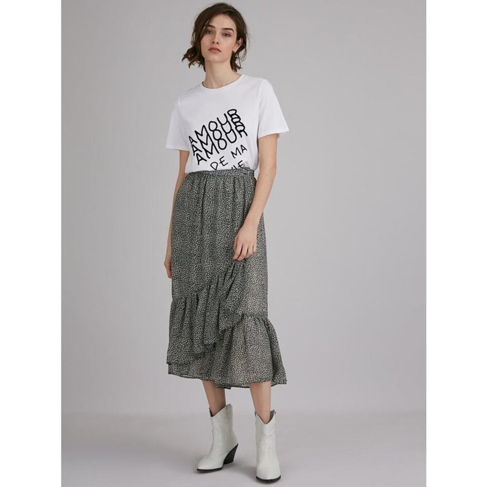 Suncoo Paris Felicite Black & White Leopard Print Midi Wrap Skirt